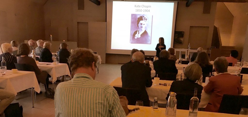 Gerri Chopin-Wendel speaks to the Kate Chopin symposium in Bremen, Germany, on July 8, 2016.