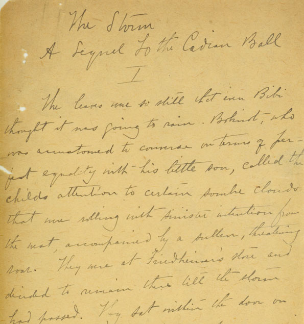 Original manuscript of “The Storm” by Kate Chopin, page one, detail. 1898. Kate Chopin Papers, Missouri History Museum Archives, St. Louis, Missouri, USA.